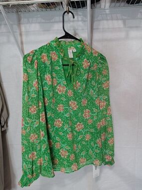 Joie Green Floral Tie-Neck Ruffle Blouse